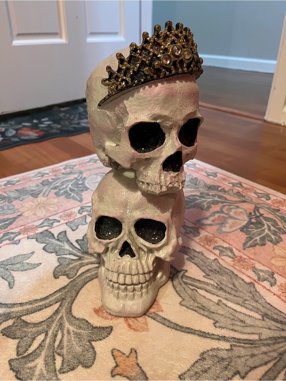 Halloween Decorative Stacked Skull Accent - White with Gold Crown and Glitter